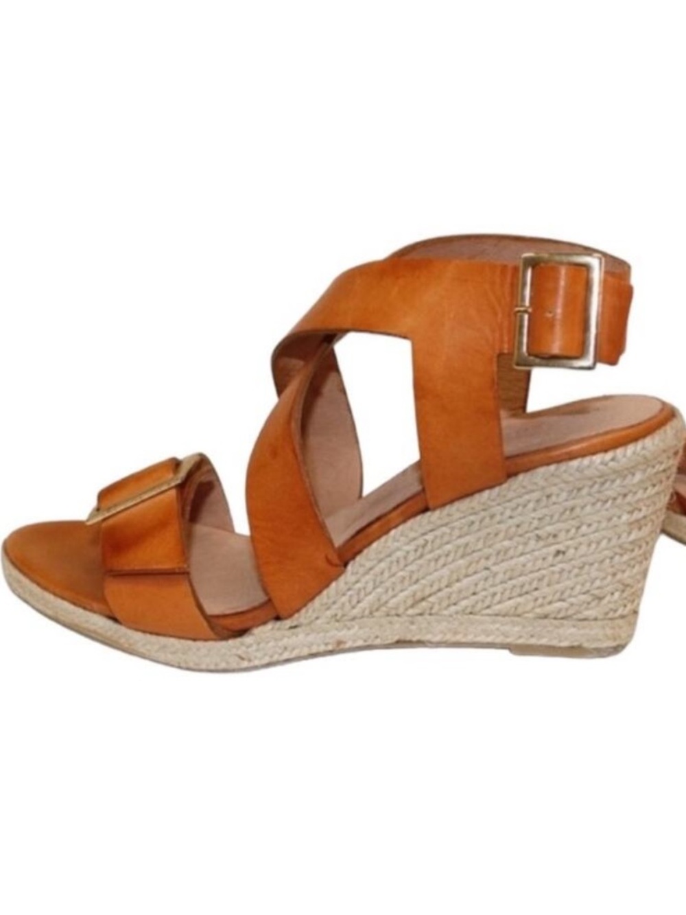 Cosmoparis Espadrilles 8.5 Wedges Retro Sandals Leather Classic Cognac Heels